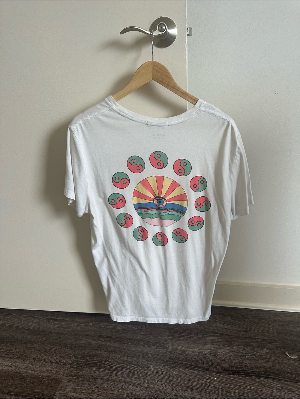 Marine Layer White Short Sleeve Tee, yin and yang with Multicolor eye Sunset